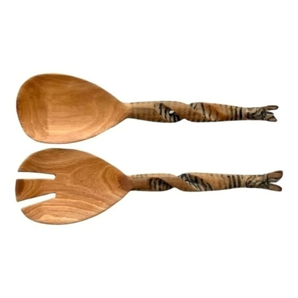 Set 2 Hand-Carved Zebra Wood Salad Serving Hands 11